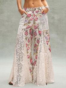 Bohemela BOHO Countryside Vacation Casual Pink Ditsy Floral Contrast Lace Loose Wide Leg Low Waist Women Pants - Khaki - View 4