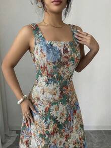 Elenzga 女士夏季方领印花吊带连衣裙，收腰A字飘逸连衣裙，适合日常外出和度假穿着 - 彩色 - 查看 4