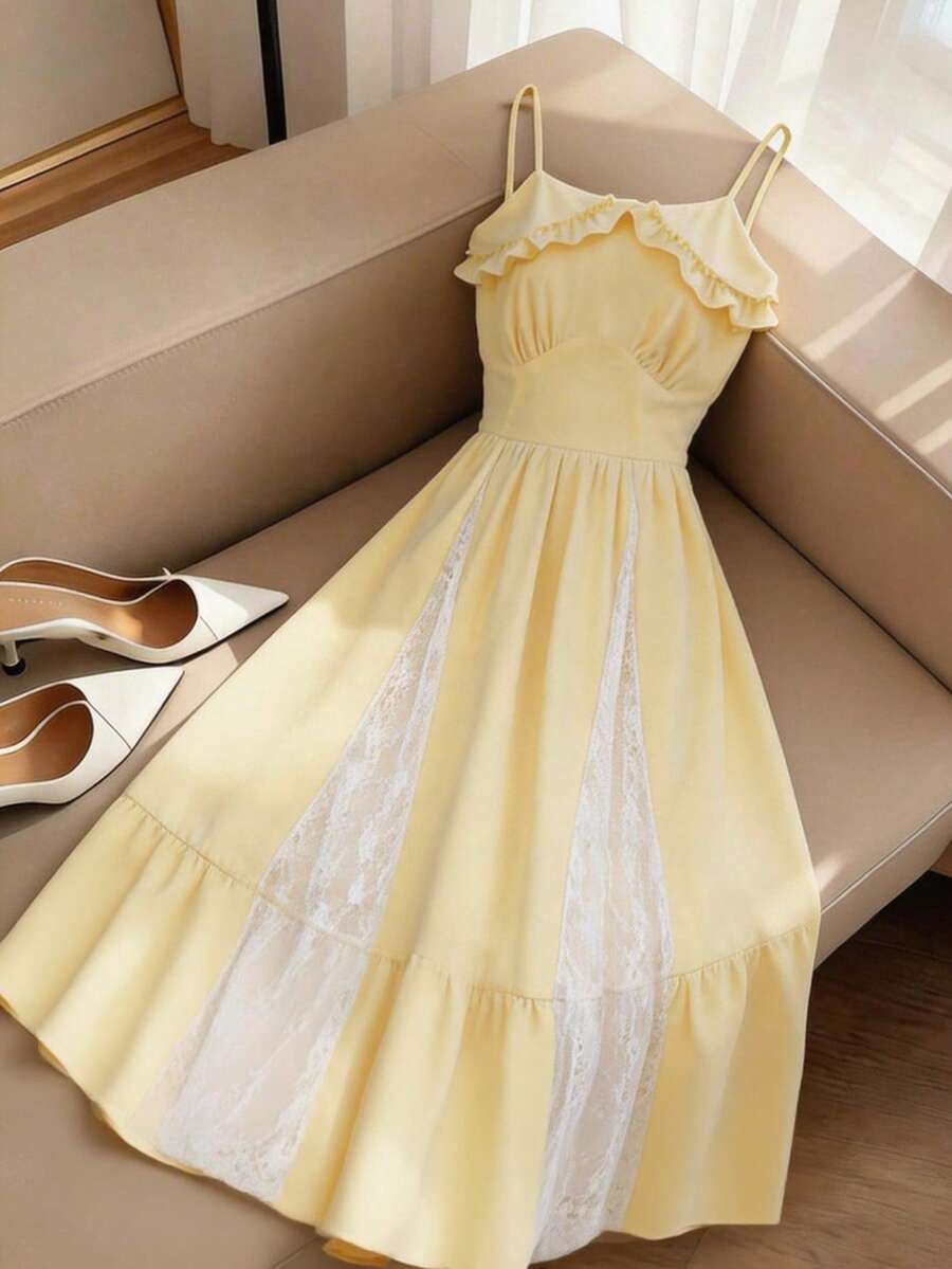 GlowEve 2026 Spring/Summer New Yellow Women's Vacation Ruffled Waist A-Line Lace Patchwork Spaghetti Strap Maxi Dress - Light Yellow - View 1
