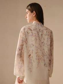 MOTF PREMIUM WOMEN'S SPRING/SUMMER FRILL COLLAR LONG SLEEVE FLORAL  LYOCELL ELEGANT ROMANTIC BLOUSE - Apricot - View 4