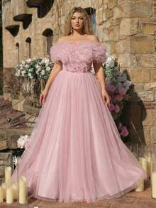 Glamrae 大码优雅浪漫奢华粉色露肩3D立体花卉袖修身蓬松长裙，适合晚宴、单身派对、约会、舞会、度假、婚礼等场合。 - 藕粉色 - 查看 10