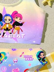 少女休闲简约卡通女孩泳装套装，亮紫色，卡通女孩团体泳衣印花图案背心式泳衣，适合夏季穿着 - 彩色 - 查看 6