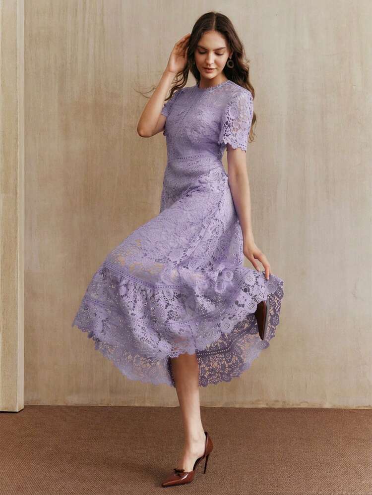 Women's Exquisite Elegant Lace Water-Soluble Embroidery Patchwork Short Sleeve Lavender Summer Dress