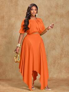 Brilight Women's Beach Vacation Style Puff Sleeve Ruched Waist-Cinching Blosue And Asymmetric Hem Handkerchief-Hem Structured Panel Maxi Skirt Two Pieces Outfit,Perfect For Commute And Vacation,Music Festival Sexy Club School - Orange - View 5
