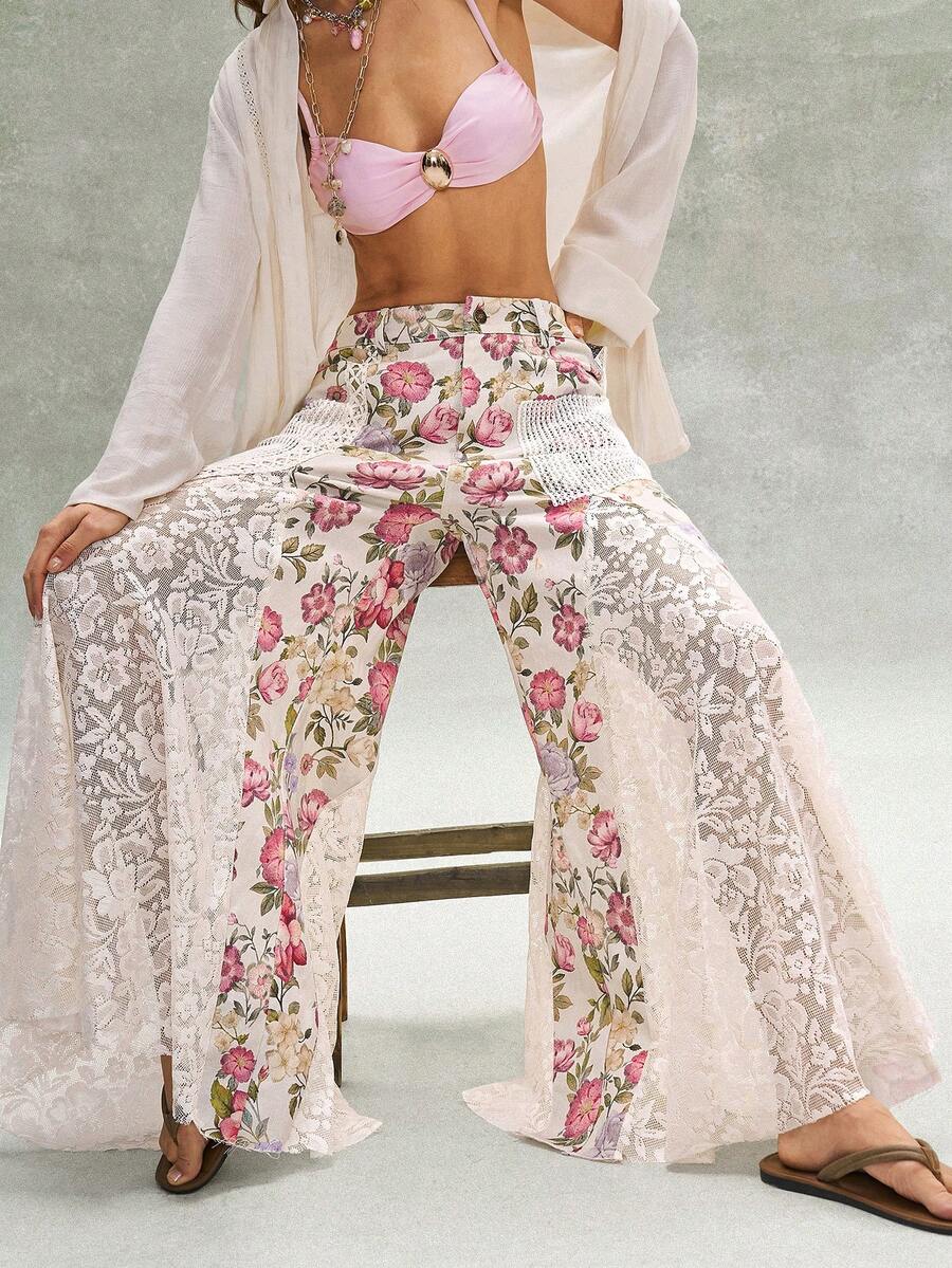 Bohemela 波西米亚乡村度假风休闲粉色碎花撞色蕾丝宽松阔腿低腰女裤 - 卡其色 - 查看 1