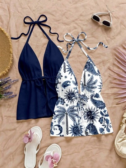 Soleia 2pcs Plus Size Women Casual Backless Halter Coconut Tree & Cashew Flower Print Tie-Up Camisole Set, Suitable For Summer, Beach, Chic, Travel, Matching Outfits