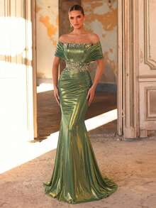 Glamrae Elegante y lujoso vestido de sirena con hombros descubiertos, fruncido y abertura, adornado con cuentas, apropiado para bodas, eventos, fiestas, vacaciones, galas y ocasiones formales - Verde - Ver 2