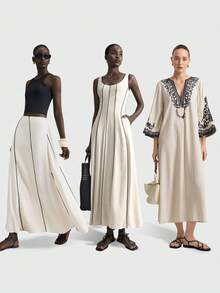 Ontre Đầm không tay màu mơ nhẹ, kiểu dáng thường ngày, mùa hè 2026, phù hợp cho công sở, đi làm hàng ngày, khu nghỉ dưỡng bãi biển thanh lịch, dự đám cưới, lễ hội nhạc đồng quê. - Màu Khaki - Xem 6