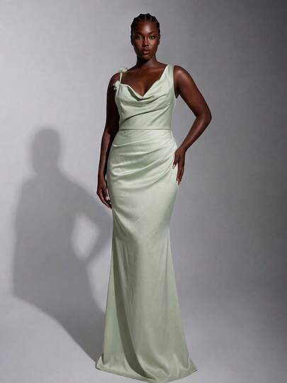 Elitara Đầm dáng ôm vừa vặn, màu xanh lá cây thanh lịch, lãng mạn, cổ bèo bất đối xứng, họa tiết hoa 3D xếp ly, chân váy đuôi cá, thích hợp cho đám cưới, tiệc tùng, kỳ nghỉ, hẹn hò, phù hợp làm phù dâu.