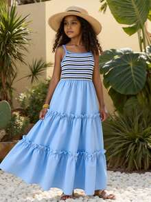 Đầm dây vai xếp ly, họa tiết sọc, chắp vá, dành cho bé gái tuổi teen đi nghỉ mát ở bãi biển. - Màu xanh lam - Xem 8