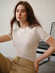 MOTF PREMIUM UNIQUE DELICATE HOLLOW-OUT JACQUARD KNIT SHORT SLEEVE SOFT & LIGHTWEIGHT KNIT TOP - White - View 1