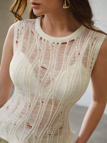 MOTF PREMIUM FRENCH LUXURY SPRING/SUMMER DISTRESSED CROCHET SLEEVELESS RUFFLE TRIM KNIT TOP - White - View 1