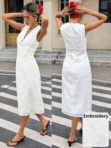 Serisse 女士夏季度假风简约纯色露肩深V领无袖收腰连衣裙 - 白色 - 查看 1