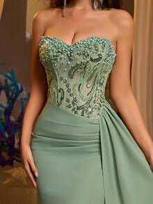 Glamrae Đầm cúp ngực sang trọng, thanh lịch màu xanh lá cây thêu sequin, chân váy đuôi cá co giãn dệt kim đính cườm thủ công với đường viền xếp nếp, thích hợp cho các bữa tiệc, dạ hội và các dịp trang trọng. - Cỏ xanh - Xem 2