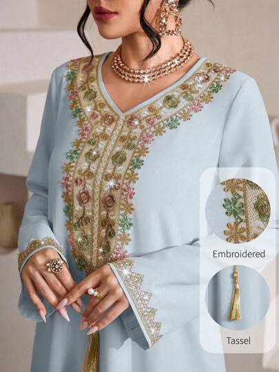 SHEIN Najma Áo choàng nữ thanh lịch, nhiều màu sắc, thêu họa tiết và tua rua, dáng rộng, thoải mái, thích hợp mặc thường ngày.