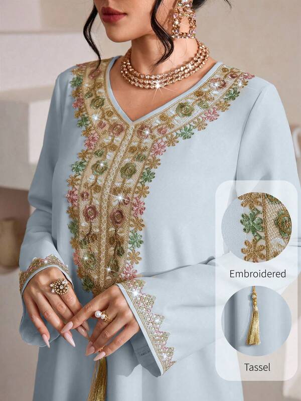 SHEIN Najma Áo choàng nữ thanh lịch, nhiều màu sắc, thêu họa tiết và tua rua, dáng rộng, thoải mái, thích hợp mặc thường ngày.