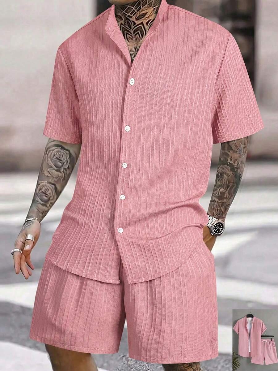 Surfspeed Front Button Short Sleeve Casual Summer Shirt And Shorts Set - Pink - View 1