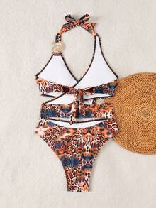 Swim SXY 女士印花加粗肩带前金色装饰后系带连体泳衣 - 彩色 - 查看 4