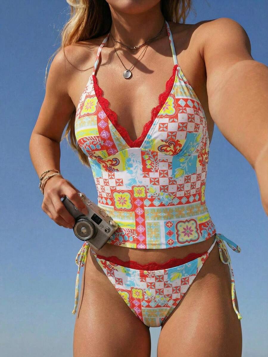 Swim Mod 四件套海滩度假蕾丝边吊带上衣 + 蕾丝边低腰系带比基尼泳裤套装 - 彩色 - 查看 1