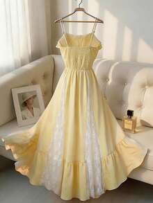 GlowEve 2026 Spring/Summer New Yellow Women's Vacation Ruffled Waist A-Line Lace Patchwork Spaghetti Strap Maxi Dress - Light Yellow - View 2