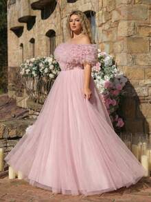 Glamrae 大码优雅浪漫奢华粉色露肩3D立体花卉袖修身蓬松长裙，适合晚宴、单身派对、约会、舞会、度假、婚礼等场合。 - 藕粉色 - 查看 7