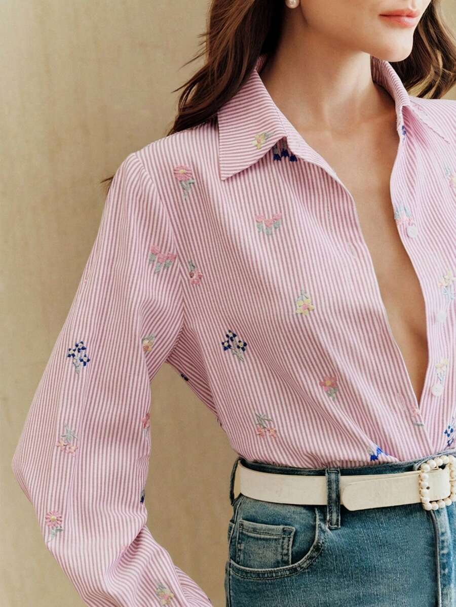 Anewsta Elegant Embroidered Design Pink Striped Casual Blouse For Women, Versatile Floral Work, Suitable For Spring To Summer - Pink - View 1
