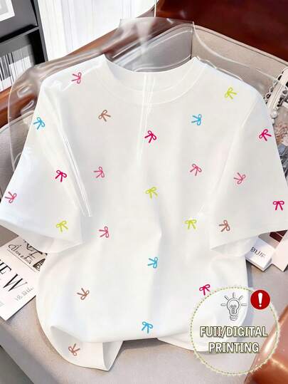 Franclia Casual Bow Decor Romantic All-Over Print Round Neck Short Sleeve T-Shirt For Women