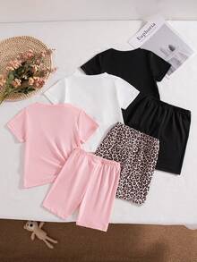 Genkimix Kids Conjunto casual de 2 piezas de camiseta de manga corta con cuello redondo y estampado de corazón y leopardo, y pantalones cortos para niña en verano - Multicolor - Ver 2