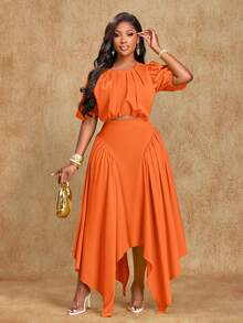Brilight Women's Beach Vacation Style Puff Sleeve Ruched Waist-Cinching Blosue And Asymmetric Hem Handkerchief-Hem Structured Panel Maxi Skirt Two Pieces Outfit,Perfect For Commute And Vacation,Music Festival Sexy Club School - Orange - View 8