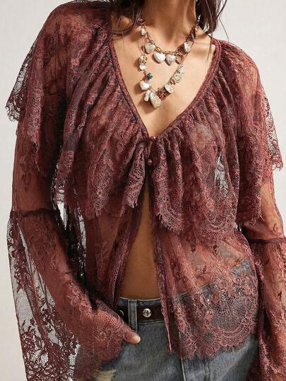 Bohemela Women's Casual Solid Color Knit Lace V-Neck Flare Sleeve Ruffle Hem Blouse