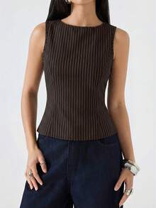 LYSMO 2026新款简约棕色条纹圆领修身休闲背心，适合工作/商务休闲/办公室穿着，时尚女式衬衫/休闲女式衬衫 - 棕色 - 查看 3