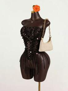 SaltGleam SaltGleam Women's Sequin Patchwork Casual Versatile Date Night Knit Top - Chocolate Brown - View 3