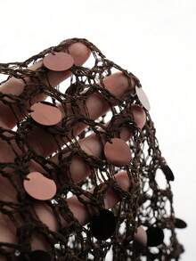 SaltGleam SaltGleam Women's Sequin Patchwork Casual Versatile Date Night Knit Top - Chocolate Brown - View 4