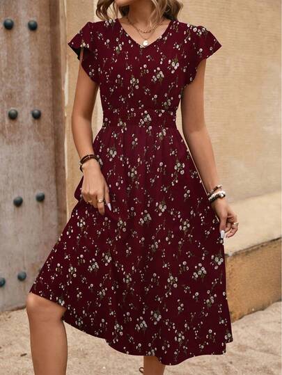 EMERY ROSE Women's Bohemian Style Floral Print V-Neck Waist Tie Short Sleeve Long Dress For Summer Vacation Burgundy Maxi Women Outfit