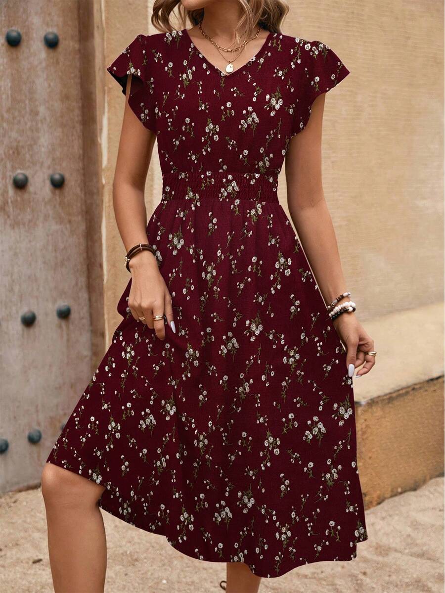EMERY ROSE Đầm dài tay ngắn in hoa phong cách Bohemian cho nữ, cổ chữ V, thắt eo, màu đỏ tía, trang phục dài cho kỳ nghỉ hè - Màu Đỏ Sâu - Xem 1