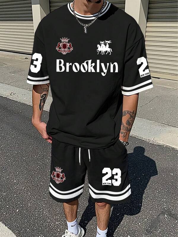 Aesthetic Post 男士黑色布鲁克林马术图案条纹两件套休闲套装，适合夏季度假/派对/音乐会