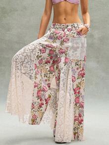 Bohemela BOHO Countryside Vacation Casual Pink Ditsy Floral Contrast Lace Loose Wide Leg Low Waist Women Pants - Khaki - View 7
