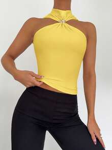 Siren Gaze 女士无袖立领金属装饰上衣，通勤及度假休闲衬衫 - 芥末黃 - 查看 4