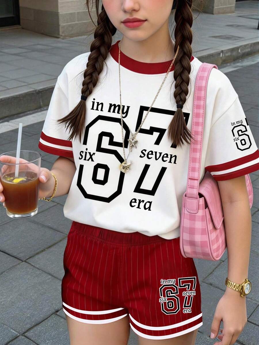 两件套少女休闲宽松圆领短袖T恤和短裤,适合春夏日常穿着,撞色拼接T恤搭配短裤,尽显夏日活力。这款T恤印有67字样,宽松版型,是女孩们的时尚穿搭,也是酷女孩的理想之选。 - 彩色 - 查看 1