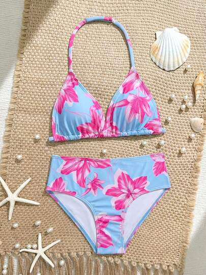SHEIN Conjunto de bikini con estampado de estrella de mar para niñas preadolescentes, 2 piezas de traje de baño de tela de punto, traje de baño elegante y casual de moda para niñas, adecuado para nadar, vacaciones, verano