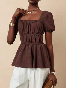 Vesra Square Neck Petal Sleeve Ruched Textured Ruched Hem Women Blouse - Brown - View 4