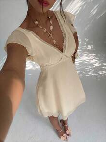 Aloruh Elegant Sexy Charming Ruffle Sleeve A-Line Deep V-Neck Backless Mini Dress For Women,Summer Dresses For Women - Beige - View 8