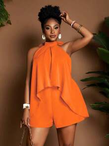 Maweii Mono informal de unicolor con cuello halter para mujer de talla grande - Naranja - Ver 4