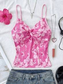 少女夏季休闲度假扭结印花吊带背心 - 粉色 - 查看 1