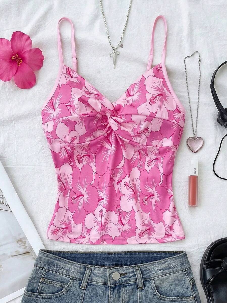 少女夏季休闲度假扭结印花吊带背心 - 粉色 - 查看 1