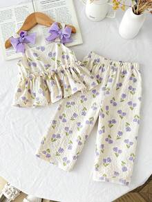 Bộ 2 món cho bé gái, chất liệu chiffon, họa tiết hoa nhí, nơ trang trí, kiểu dáng thường ngày, gồm áo vest và quần, màu tím nhạt. - Màu tím hoa cà - Xem 3