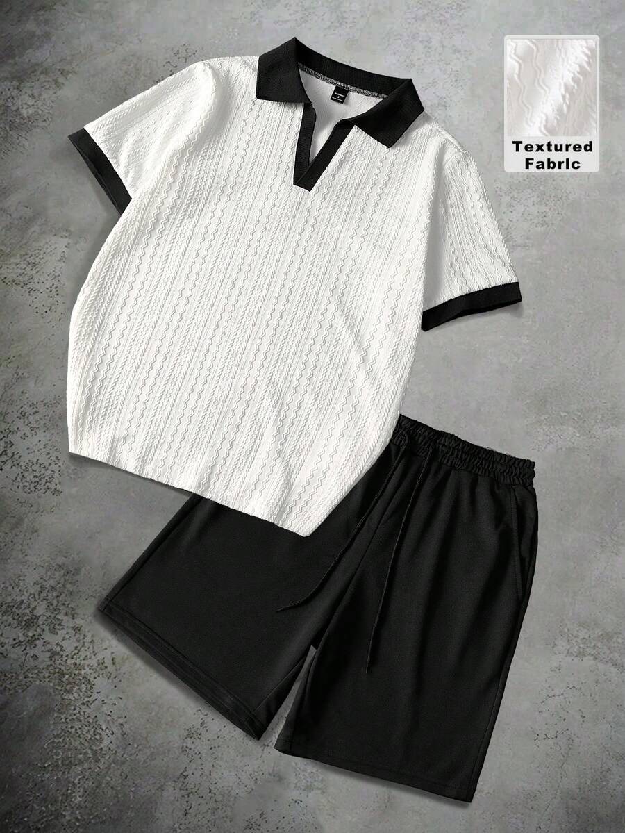 Manfinity Homme 男士撞色V领短袖T恤套装（2件装）搭配抽绳松紧腰短裤，休闲百搭，适合度假、日常办公、约会、聚会等场合，简约风格，经典山本耀司设计，自穿或送礼皆宜，必备单品 - 彩色 - 查看 1