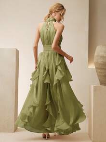 Anewsta 女士新款优雅无袖吊带长裙，腰部褶皱显瘦闪亮波浪裙摆连衣裙，粉色，适合宴会、派对、聚会等场合 - 綠色 - 查看 7