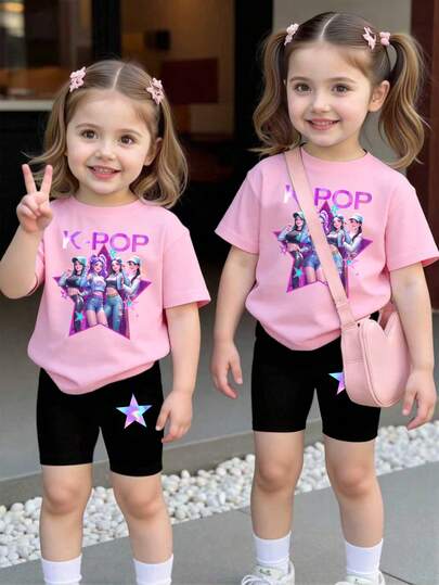 Conjunto de camiseta corta básica y shorts de ciclista con estampado de estrella pentagonal, lema y gráfico de grupo virtual de chicas, estilo casual y fresco, adecuado para primavera, verano y otoño