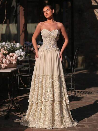 Glamrae 优雅卡其色浪漫手工3D花卉蕾丝雪纺拼接抹胸巴斯克低腰A字长裙，浪漫蕾丝裙摆，适合约会、度假、婚礼、返校、单身派对、女士晚礼服等场合。